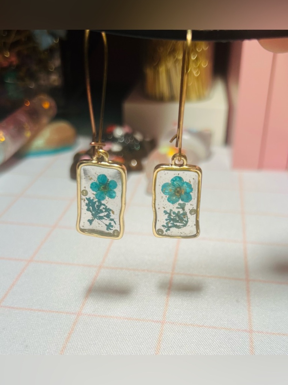 Gold-Trim Teal Flower Resin Drop Earrings